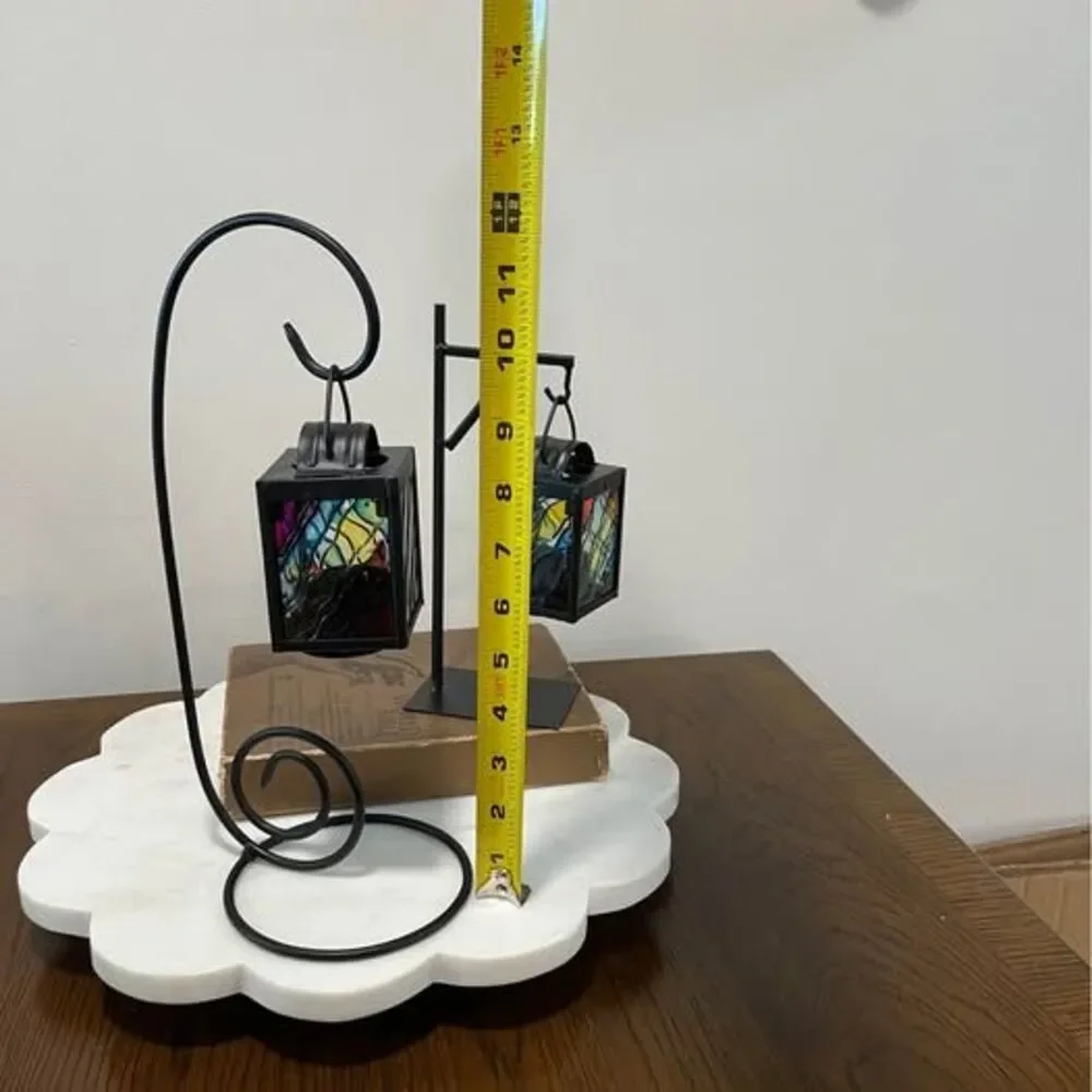 Set of 2 Stained Glass Style Hanging Lanterns with Black Metal Stands